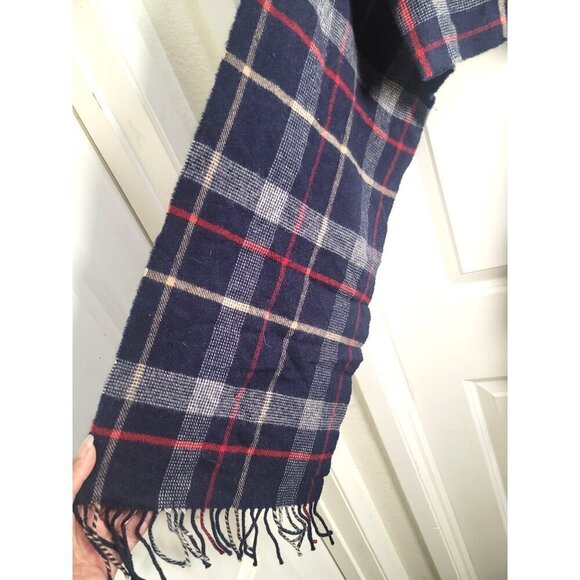 Harrods Of London Lambswool Plaid Scarf Dark Blue/Red 100% Wool Fringed Edges 68 - Picture 3 of 7